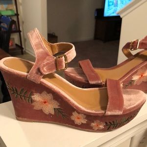 Velvet Flower Embroidered Wedges